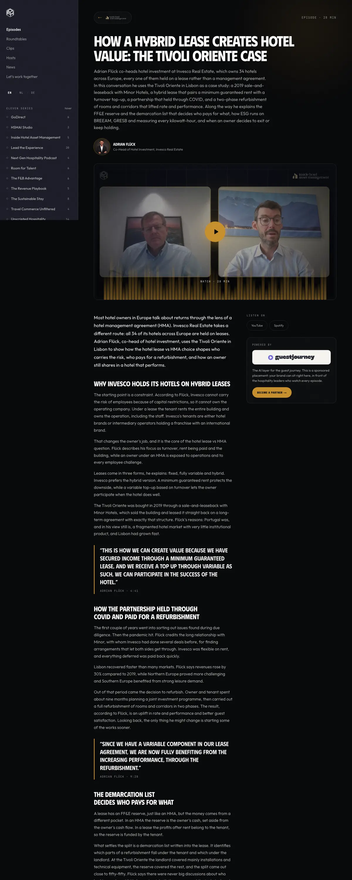 The episode page on futureofhospitality.org: title, summary, guest, video, the article with headings, and quotes from Adrian Flück