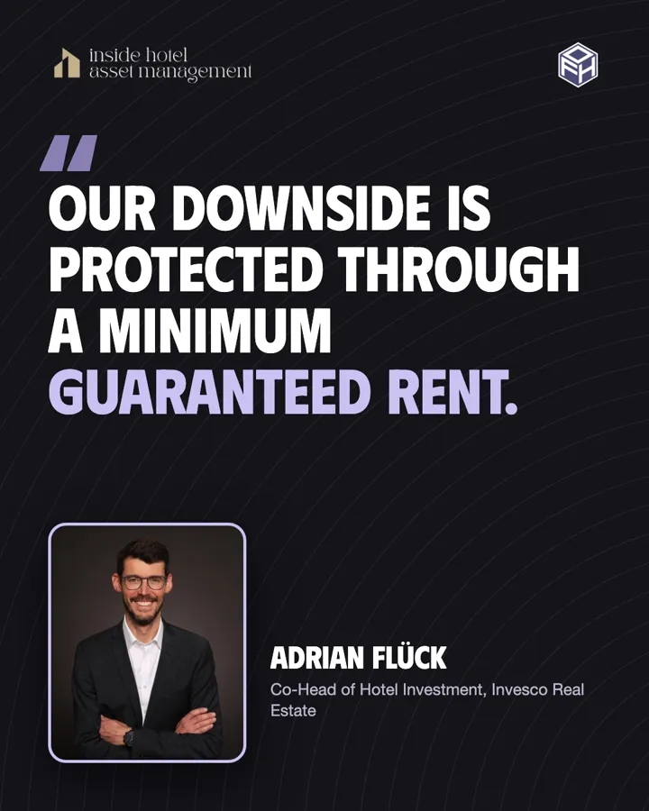 Quote card: Our downside is protected through a minimum guaranteed rent. Adrian Flück, Invesco Real Estate